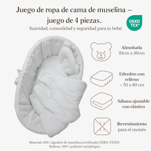 Miniatura 5 de Wiklinopol Amelia Cesta Moisés De Mimbre Con Estructura Y Colchón, Cesta Para Bebé En Color Natural, Juego De Sábanas De Muselina En Color Blanco, Cesta De Mimbre, Portátil, Ideal Para Recién Nacidos