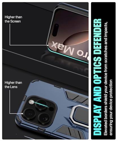 Image of WOW IMAGINE Shock Proof Back Case Mobile Cover for iPhone 16 Pro Max | Back Cover Case (Tough Armor | Hybrid PC + TPU | Ring Holder & in-Built Kickstand | Blue)