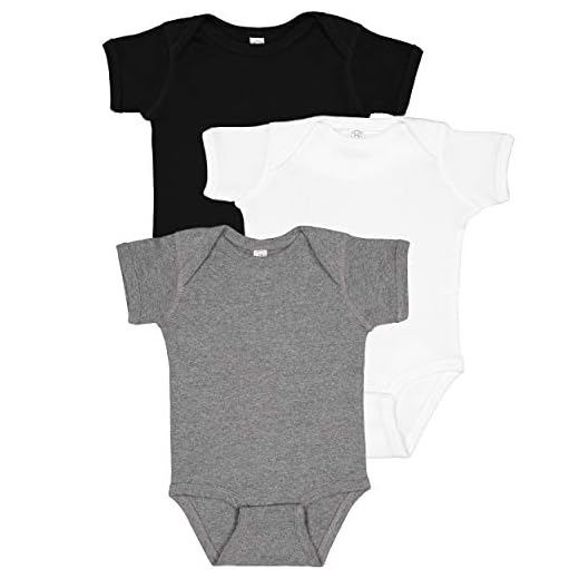 RABBIT SKINS, 3-Pack Multi-Color Soft Baby Rib Short Sleeve Bodysuit, Granite Heather/White/Black, Newborn