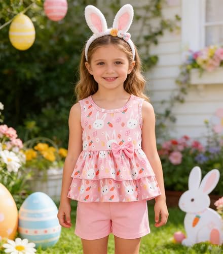 Image of Girls 2 Piece Outfit Summer Short Set Sleeveless Bow Knot Tank Top and Shorts Cute Clothes for Toddler Girls