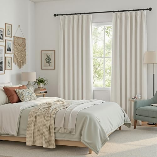 Image of MYSKY HOME Beige Blackout Curtains 108 inches Long Natural Pinch Pleated Curtains for Living Room Bedroom 100% Room Darkening Black Out Window Drapes with Hooks Back Tab, 40 inch Wide per Panel, 2 Pieces