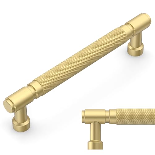 Amerdeco 10 Pack Gold Knurled Cabinet Handles - 5 Inch (128mm) Hole Centre Drawer Pulls for Modern Kitchen and Bathroom