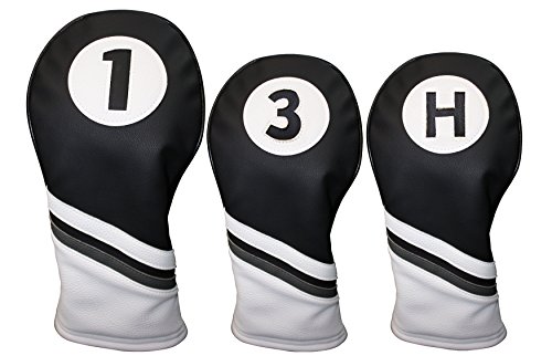 Majek Golf Headcovers Black and White Leather Style 1, 3, H Driver Hybrid and Fairway Head Covers Fits 460cc Drivers