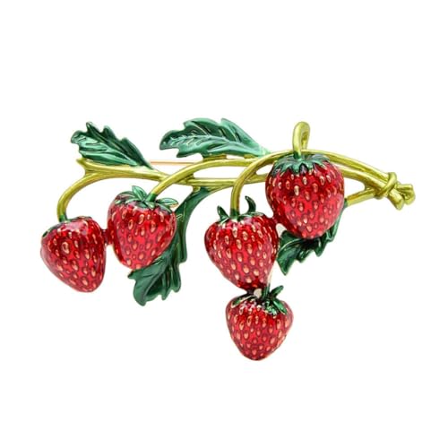 Broche fraise pour femme en zinc et feuille verte style bohème