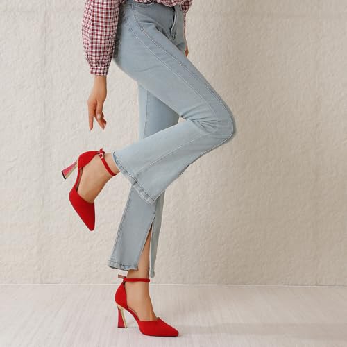 Image of RIBONGZ Comfortable Kitten Heels for Women Pointed Closed Toe Ankle Strap Buckle Heels Slip on Low Heel Church Pumps Wedding Bridal Party Dressy Shoes