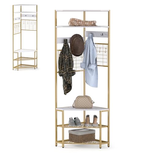 HOMASIS Perchero de esquina con banco, perchero 3 en 1 con 12 ganchos, 2 zapateros y 3 estantes, perchero de metal para esquina, para pasillo, salón, dormitorio (blanco)