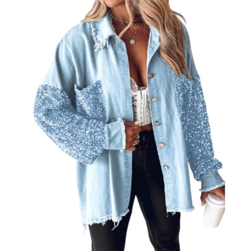 YWeiLiangSan Women's Oversized Sequin Denim Jacket, Patchwork Boyfriend Button Jacket, Sequin Patchwork Long Sleeve Jacket (Blue A,Medium)