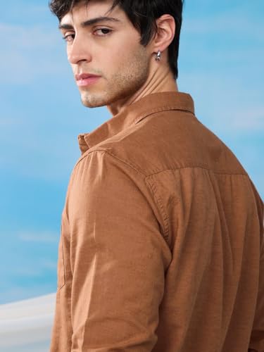 Image of The Souled Store Bold Black Men and Boys Long Sleeve Collared Neck Buttoned Front Regular Fit Cotton Linen Shirts