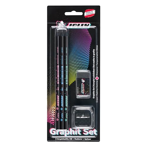 JOLLY Next Generation Graphite Set of 3 Graphite Pencils HB Black Wood Round Pen Shape with Subtle Design Including Black Eraser and Sharpener