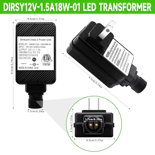 Image of Dirduaid LED Transformer 12V 1.5A LED Controller Class 2 Power Unit, IP44 Low Voltage Transformer US Plug for Christmas Light, String Light (12V18W)