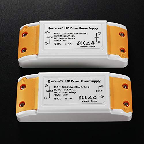 YUNLIGHTS LED Driver 12V - 36W 3A, Constant Current Voltage Adapter for LED Strip Lights and G4, MR11, MR16 LED Bulbs (2 Packs)