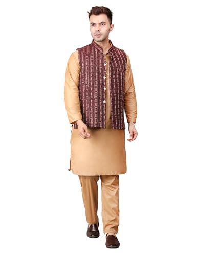 Image of Men's Cotton Silk Blend Regular Kurta Pyjama, Embroidered Nehru Jacket /Waistcoat Set