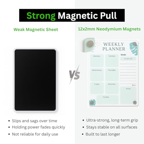 Image of Magnetic Weekly Planner & to-Do Board for Fridge (A4 - 21x30 cm) | Acrylic Dry Erase Chart for Kids & Adults | Strong Magnets, 2 Markers & Eraser Cloth | Meal Plan, Chores & Notes | Green