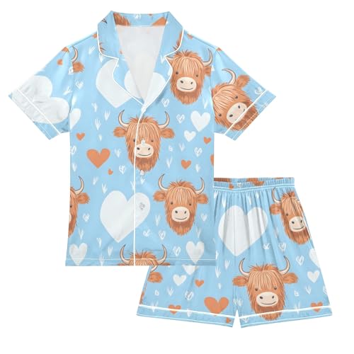 Cute Highland Cow Summer Satin Pajama Set, Cute Button-Down Sleepwear Pj Set for Sleep Wears