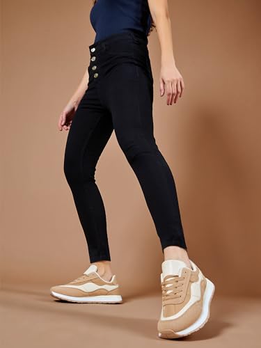 Image of Miss Chase Women's Skinny High Rise Cropped Fringed Hemline Detailing Stretchable Denim Jeans