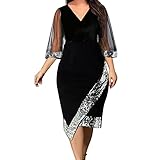 Frauen Plus Size Casual Print Kleid Spitze Rundhals Mitte Langarm Unregelmäßige Spitzennähte Langes Formelles(Schwarz,L)