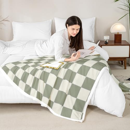 Image of Erosebridal Sage Green Checkered Fuzzy Plush Throw Plaid Initial T Fleece Blanket Personalized Monogram Sherpa Blanket for Kids Boys Girls,Fashion Grids Gingham Decor for Bed Couch Baby 30 inchx40 inch