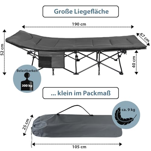 ALPIDEX Campingbett Feldbett bis 200 kg Seitentasche Bequem Auflage Weich Gepolstert Klappbar Faltbar Gästebett Liege Camping Garten – Bild 3