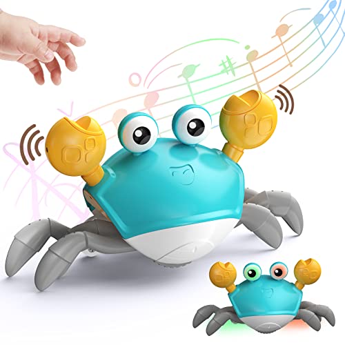 Image of Plnmlls Crawling Crab Baby Toy - Tummy Time Toys - with Music and LED Light,Built-in Rechargeable Battery and Volume Can be Turned Off for 0-6 6-12 Months Walking Toddler Birthday Gift(Blue-Indigo)