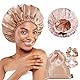 BONNET QUEEN Seidenhaube zum Schlafen,Doppellagige, Wendbare Satin Haarhaube für Damen, Verstellbare Schlafhaube Seide, Motorhaube,Bonnet Seide mit 2 Scrunchies & Satinbeutel, Jade & Champagner