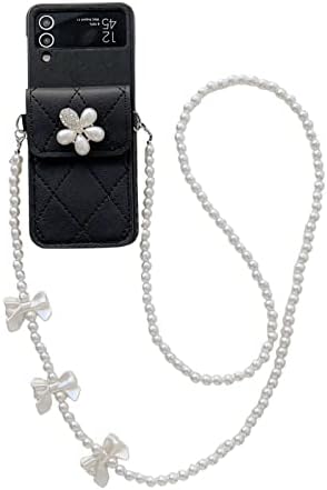 wtowin Case for Galaxy Z Flip 4/3 with Adjustable Strap & Card Holder, Cute Wallet Z Flip 4/3 Case with Pearl Chain & Cash Slot for Women Girls, PU Anti-Scratch Shockproof Case (Black,Z Flip 3)