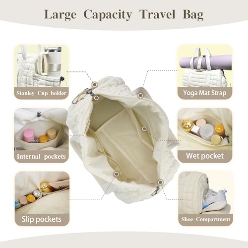 Gym Bag with Shoe Compartment and Yoga mat holder, Duffle Bag with Wet Pocket and Cup holder 40 oz, Weekender Bag, Carry On Overnight Bag for Women with Toiletry Bag (Khaik)4