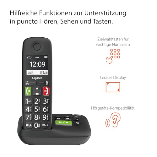 Gigaset E290A - Schnurloses Senioren-Telefon mit Anrufbeantworter und großen Tasten - großes Display, Zielwahltasten für wichtige Nummern, Verstärker-Funktion für extra lautes Hören, schwarz