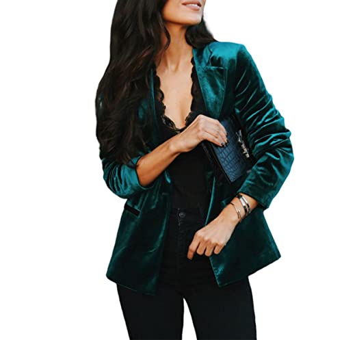 Women s Button Velvet Blazer Coat Slim Fit Casual Lapel Office Jacket Thin Suit Green