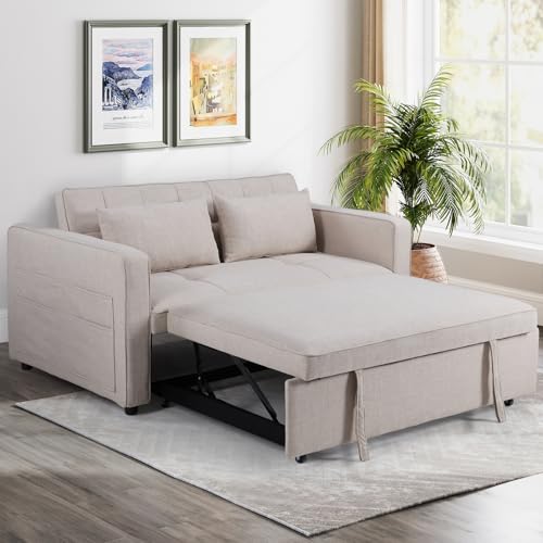 Image of HAOMARKETS 3 in 1 Convertible Sleeper Sofa Bed, Loveseat Chaise Lounge with Pullout Bed, 2-Seater Futon Couches with Storage Pockets, 3-Level Adjustable Backrest and Pillows for Living Room, White