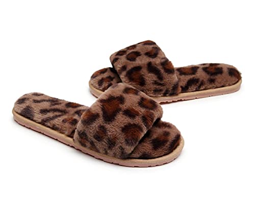 Crazy Lady Women's Fuzzy Fluffy Furry Fur Slippers Flip Flop Open Toe Cozy House Sandals Slides Soft Flat Comfy Anti-Slip Spa Indoor Outdoor Slip On (5.5-6.5 Narrow, 05/Coffee) #TOP5