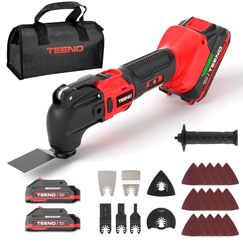 TEENO Herramienta multifunción oscilante inalámbrica 20 V, sin escobillas herramienta multifunción inalámbrica, 6 velocidades variables, 8500-21000 rpm, cargador, ángulo oscilante 4°, para raspar