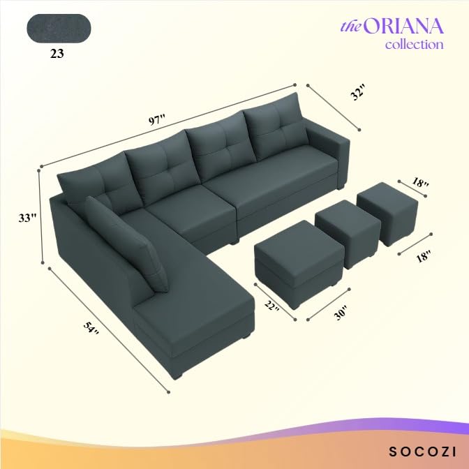 Image of SOCOZI Oriana 8 Seater LHS L Shape Sofa Set | Velvet Suede Fabric L Shape Sofa for Livingroom with 2 Ottoman & Centre Table | (Dark Grey)