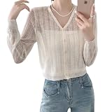 [nana for 7] ニット カーディガン レディース Vネック リプ サマーニット ボタン 透け感 薄手 ショート丈 シースルー 透かし編み トップス UVカット 日焼け防止 冷房対策 ストライプ かわいい 春 夏