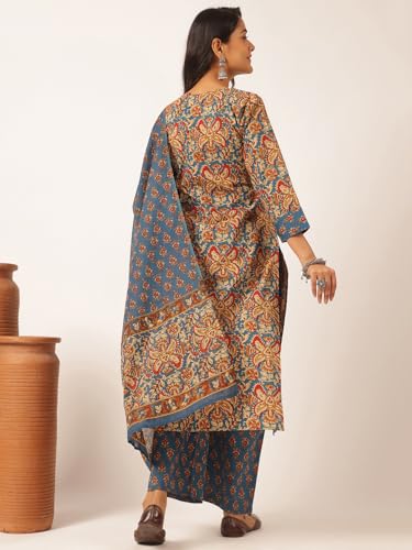Image of Vbuyz Women's Printed & Embellished & Mirror Work Straight Cotton Stitched Kurta set | Straight Kurta Pant Dupatta | Kurta Set with Dupatta for Women | Suit Set | Ethnic Set | Printed Kurta Set