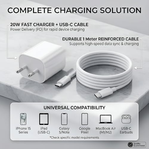 Image of Scalebee 20W Charger with Type C to C Cable | Compatible with iPhone 17 /16 /15 /Air Pro Max Plus, Compatible with iPad, Other Devices Supported