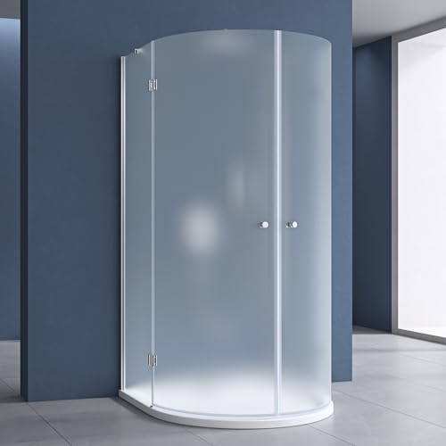 doporro Halbkreis-Duschkabine 100x100cm Glasdusche inkl. 4cm flacher Duschtasse in Weiß und Ablaufgarnitur ESG-Sicherheitsglas satiniert inkl. Easy-Clean-Beschichtung Rav03S