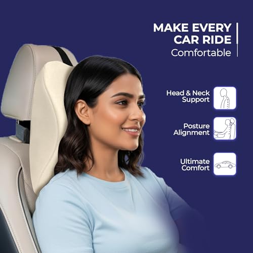 Image of WELLGIVER Orthopedic Memory Foam Car Neck Rest Pillow - Cervical Support Cushion for Neck Pain Relief, Adjustable Strap - Universal Fit for All Cars | Beige Velvet | Pack of 2