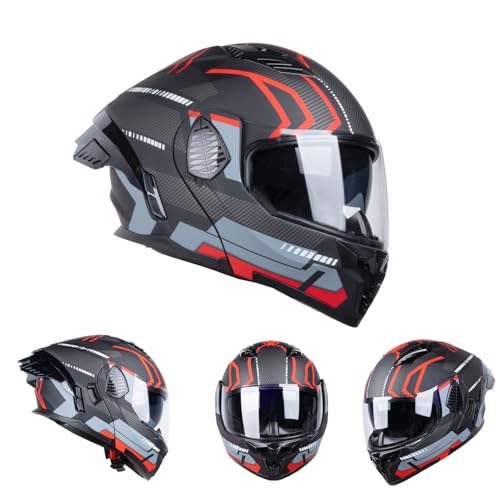 AceRide Full Face Modular Motorcycle Helmets Dual Visor Flip up DOT Approved Racing Street Bike Motocross Helmet for Adults (Matt Black/Red, X-Large) - Thumbnail 2