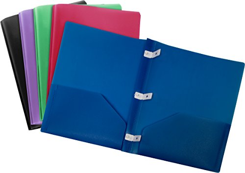 Storex Thicker Poly Two-Pocket Folder with Plastic Prongs, Assorted Colors, 5-Pack (50324U01C)