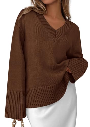 PRETTYGARDEN Womens V Neck Sweaters Fall Trendy 2025 Casual Long Sleeve Oversized Cozy Pullover Sweater Lightweight Knit Tops (Brown,M)