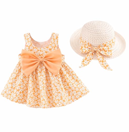 Image of Bold N Elegant Baby-Girl's Summer Sleeveless Cotton Floral Heart Print Princess Midi Dress Frock Tutu with Hat for Girls