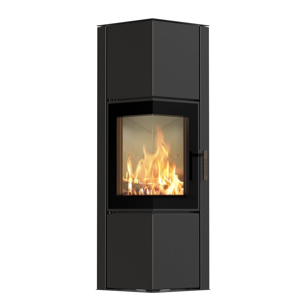 ODYN Kaminofen 8 kW - Freistehender Eckkamin aus Stahl - Holzofen mit 2 Seiten Glas, Kamineinsatz BImSchV 2 & Energieeffizienzklasse A - Skandinavischer Schwedenofen für Wohnzimmer