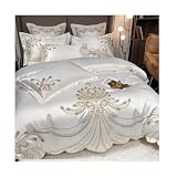 Gold Feather Embroidery Egyptian Cotton Champagne/Light Yellow Patchwork Duvet Cover Bed Sheet Pillo
