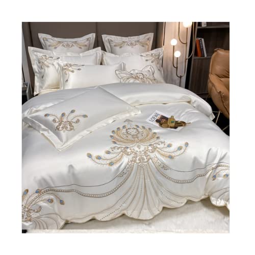 Gold Feather Embroidery Egyptian Cotton Champagne/Light Yellow Patchwork Duvet Cover Bed Sheet Pillowcases Bedding Set #TOP30