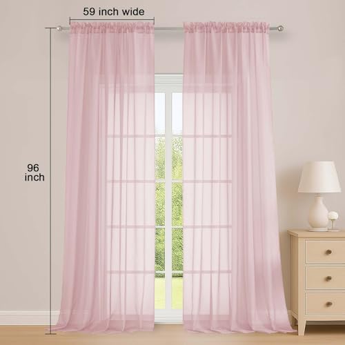 Image of OWENIE Extra Long Blush Sheer Curtains 96 Inches Long 2 Panels Set, Soft Lightweight Airy Voile Sheer Curtain for Bedroom Living Room, Rod Pocket Solid Color Farmhouse Curtains, 59 inch Wx96 L Inch