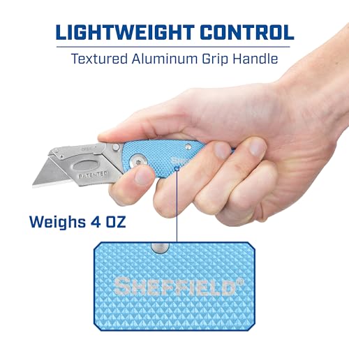 Image of Sheffield Lock Back Utility Knife 3 Pack with 10 Utility Knife Blades | Box Cutter with Aluminum Texture Grip Handle, Features Pocket Clip, Patented Quick Change Utility Blade Mechanism