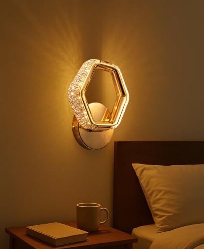 Image of Groeien Pack of 2 | 10W | 3 Color Modern LED Hexagon Shape Crystal Wall Sconce Gold Wall Light for Bedroom Living Room Corridor Lighting Fixtures Wall Mount(Hexagon Crystal-Golden, 2)