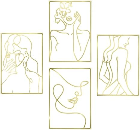 4 Pieces Gold Metal Wall Art Decor, Minimalist Abstract Woman Wall Art Line Drawing, Woman's Face Shape Metal Wall Art, Single Line Metal Wall Art, Home Hanging for Bedroom Bathroom Living Room