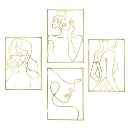 4 Pieces Gold Metal Wall Art Decor, Minimalist Abstract Woman Wall Art Line Drawing, Woman's Face Shape Metal Wall Art, Single Line Metal Wall Art, Home Hanging for Bedroom Bathroom Living Room