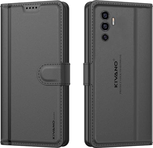Image of KIVANO LUXE Compatible for Vivo Y75 4G / Vivo V23e Luxury Handmade Leather Magnetic Flip Folio Case | Card Holder & Kickstand | Slim Protective Cover | Unisex - Black